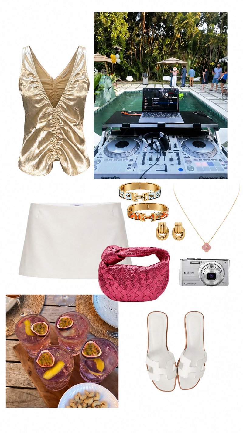 gold cami styled with white mini skirt
