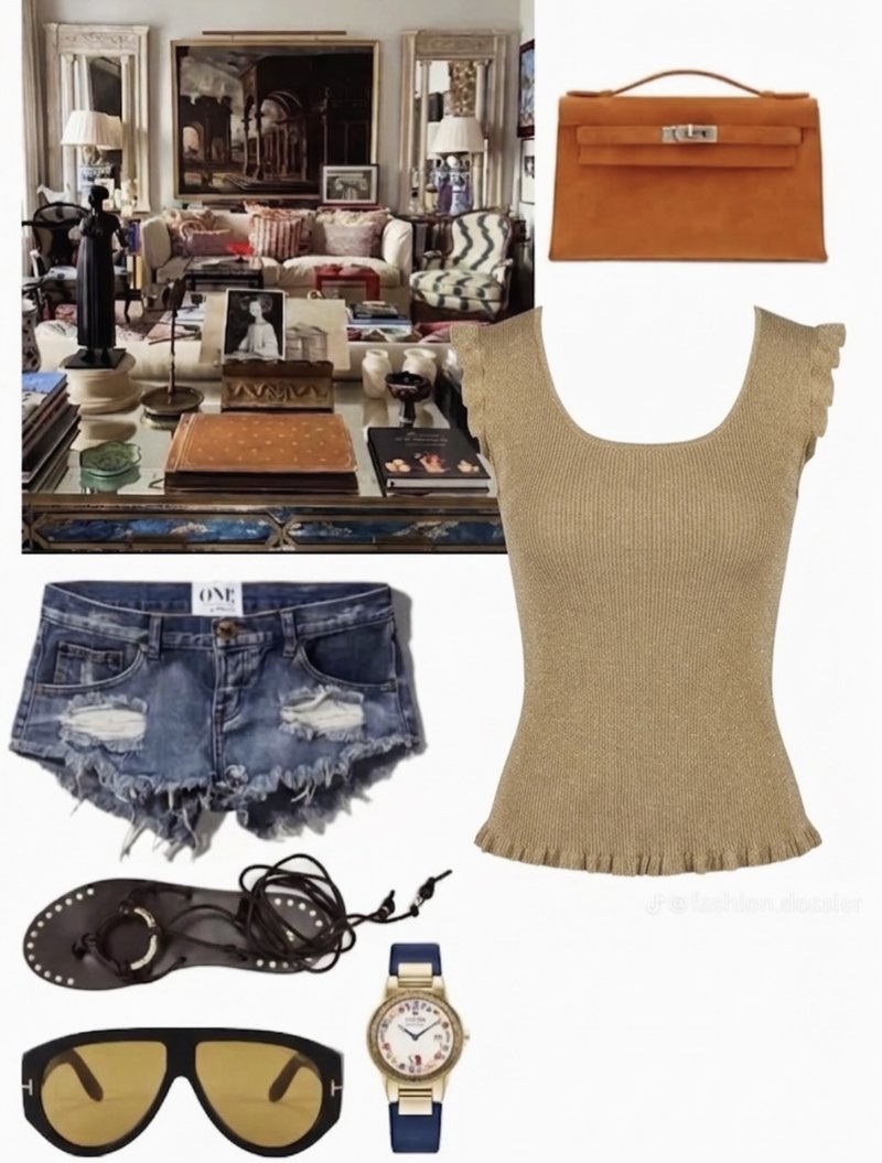 gold top styled with ripped denim